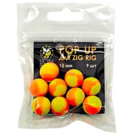 Lion Baits Бойлы плавающие двухцветные (Pop-Up) для Zig-Rig желто-оранжевые 12 мм, 9 шт., Вкус: без вкуса, Цвет: Желтый/Оранжевый, Диаметр (мм): 12, Серия: Pop-up, фото 
