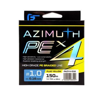 Шнур F-FISHING Azimuth PE X4 150м Fluo Yellow 0,16мм 9,1кг/20lb, Расцветка: Fluo Yellow, Диаметр лески: 0,16 мм, Размотка: 150 м, Разрывная нагрузка: 9,1 кг, фото 