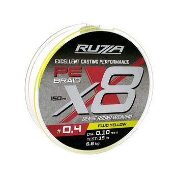 Шнур RUZZA X8 150м Fluo Yellow 0,10мм 6,8кг/15lb, Цвет.: желтый, Диаметр лески: 0,10 мм, Размотка: 150 м, фото 