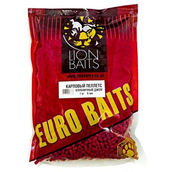 Lion Baits Пеллетс карповый Carp pellets Клубничный джем красный 6 мм - 1кг, Вкус: клубничный джем, Вид рыбы: карп, сазан, амур, Диаметр (мм): 6 мм, фото 