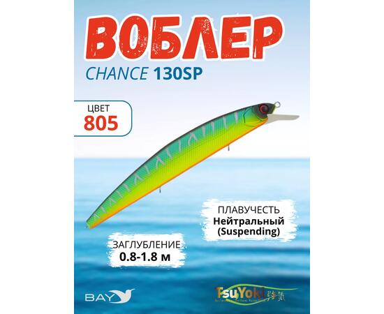 Воблер TsuYoki CHANCE 130SP 805, Цвет: 805, Вес воблера (г): 21,5, Длина воблера (мм): 130, Тип воблера: Минноу, Тип плавучести воблера: суспендер, Штрихкод: 4627166014427, Количество крючков: 3, фото 