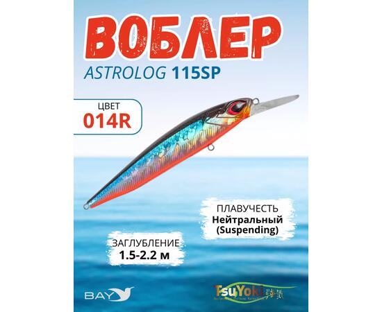 Воблер TsuYoki ASTROLOG 115SP 014R, Цвет: 014R, Вес воблера (г): 18,8, Длина воблера (мм): 115, Тип воблера: Минноу, Тип плавучести воблера: суспендер, Штрихкод: 462715267, Количество крючков: 2, фото 