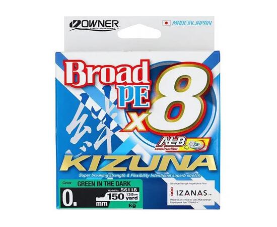 Шнур OWNER Kizuna X8 Broad PE green 135м 0,13мм 6,7кг, Цвет: Green, Разрывная нагрузка: 6,7 кг, Диаметр лески: 0,13 мм, Размотка: 135 м, фото 