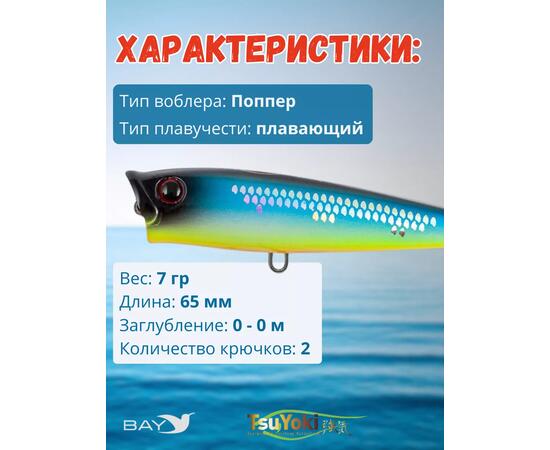 Воблер TsuYoki GORN 65F 805S, Цвет: 805S, Вес воблера (г): 7, Длина воблера (мм): 65, Тип воблера: Поппер, Тип плавучести воблера: плавающий, Штрихкод: 4627139944, Количество крючков: 2, фото , изображение 2