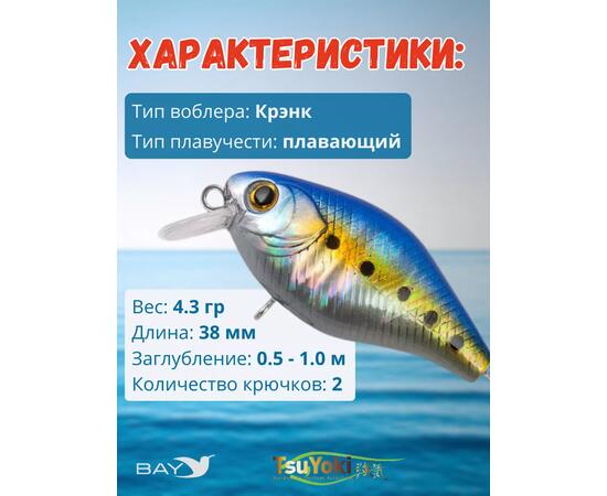 Воблер TsuYoki CHEF 38F X100, Цвет: X100, Вес воблера (г): 4,3, Длина воблера (мм): 38, Тип воблера: Крэнк, Тип плавучести воблера: плавающий, Штрихкод: 462713999, Количество крючков: 2, фото , изображение 2