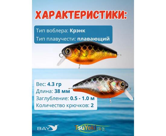 Воблер TsuYoki CHEF 38F 264W, Цвет: 264W, Вес воблера (г): 4,3, Длина воблера (мм): 38, Тип воблера: Крэнк, Тип плавучести воблера: плавающий, Штрихкод: 462713997, Количество крючков: 2, фото , изображение 2