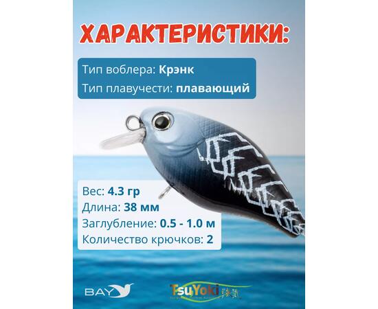 Воблер TsuYoki CHEF 38F 033Z, Цвет: 033Z, Вес воблера (г): 4,3, Длина воблера (мм): 38, Тип воблера: Крэнк, Тип плавучести воблера: плавающий, Штрихкод: 462713995, Количество крючков: 2, фото , изображение 2