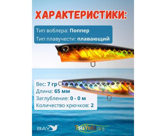 Воблер TsuYoki GORN 65F 264W, Цвет: 264W, Вес воблера (г): 7, Длина воблера (мм): 65, Тип воблера: Поппер, Тип плавучести воблера: плавающий, Штрихкод: 4627139943, Количество крючков: 2, фото , изображение 2