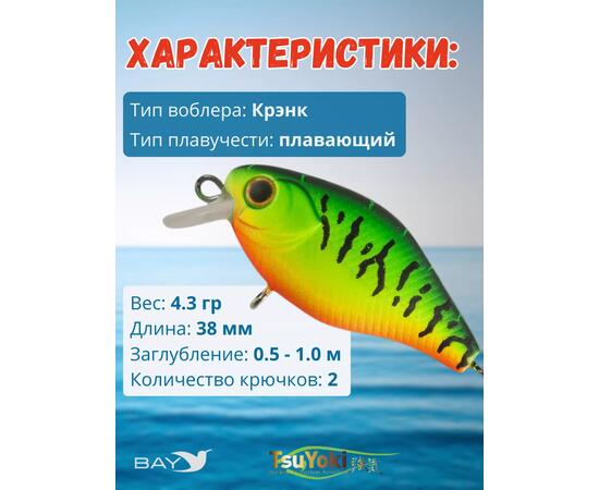 Воблер TsuYoki CHEF 38F 050, Цвет: 50, Вес воблера (г): 4,3, Длина воблера (мм): 38, Тип воблера: Крэнк, Тип плавучести воблера: плавающий, Штрихкод: 4627139943686, Количество крючков: 2, фото , изображение 2