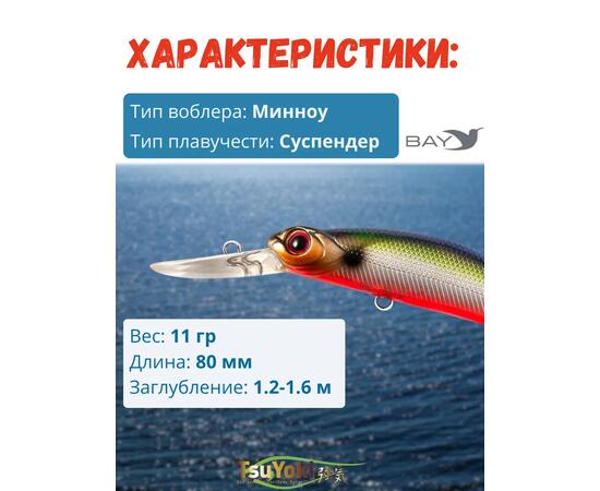 Воблер TsuYoki WATSON DR 80SP 207R, Цвет: 207R, Вес воблера (г): 11, Длина воблера (мм): 80, Тип воблера: Минноу, Тип плавучести воблера: суспендер, Штрихкод: 4627152671610, Количество крючков: 2, фото , изображение 2