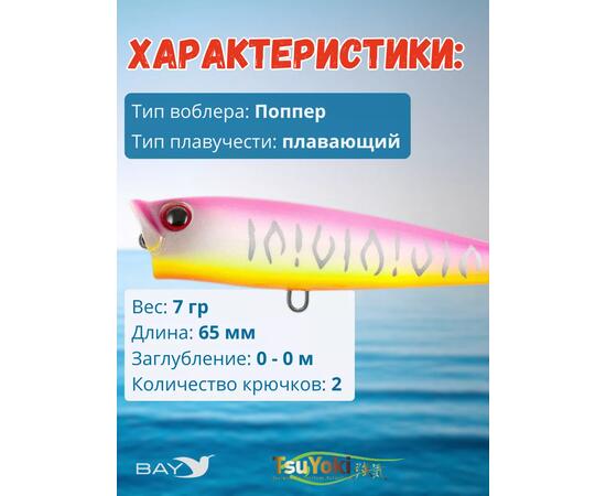 Воблер TsuYoki GORN 65F 040Z, Цвет: 040Z, Вес воблера (г): 7, Длина воблера (мм): 65, Тип воблера: Поппер, Тип плавучести воблера: плавающий, Штрихкод: 4627139942, Количество крючков: 2, фото , изображение 2