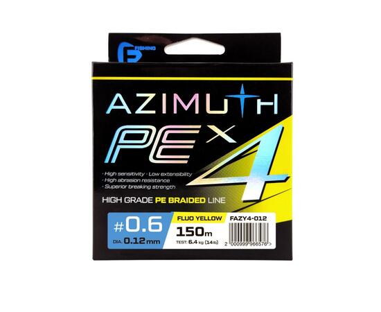 Шнур F-FISHING Azimuth PE X4 150м Fluo Yellow 0,12мм 6,4кг/14lb, Разрывная нагрузка: 6,4 кг, Расцветка: Fluo Yellow, Диаметр лески: 0,12 мм, Размотка: 150 м, фото 