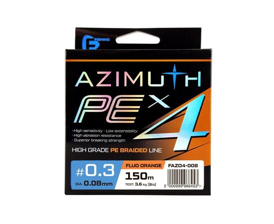 Шнур F-FISHING Azimuth PE X4 150м Orange 0,08мм 3,6кг/8lb, Разрывная нагрузка: 3,6 кг, Расцветка: Orange, Диаметр лески: 0,08 мм, Размотка: 150 м, фото 