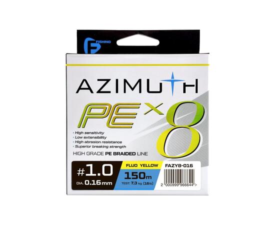Шнур F-FISHING Azimuth PE X8 150м Fluo Yellow 0,16мм 7,3кг/16lb, Расцветка: Fluo Yellow, Диаметр лески: 0,16 мм, Размотка: 150 м, Разрывная нагрузка*: 7,3 кг, фото 