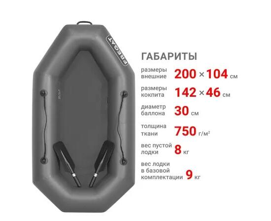 Надувная лодка Фрегат М-1 Оптима Лайт (200 см) с гребками Серый, фото , изображение 2