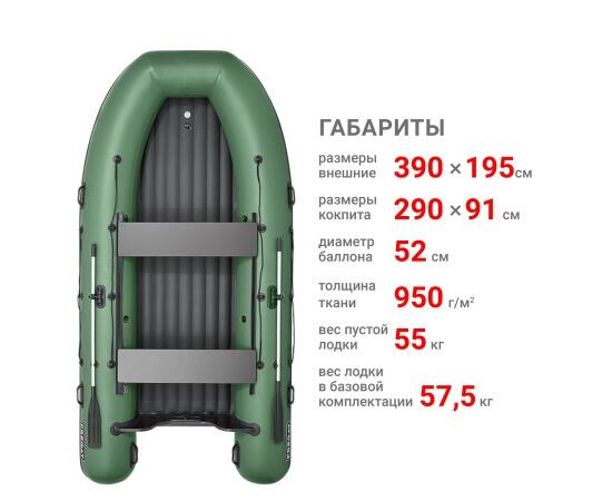 Надувная лодка Фрегат 390 Air (НДНД) Зеленый, фото , изображение 2