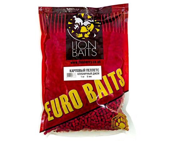 Lion Baits Пеллетс карповый Carp pellets Клубничный джем красный 6 мм - 1кг, Вкус: клубничный джем, Вид рыбы: карп, сазан, амур, Диаметр (мм): 6 мм, фото 