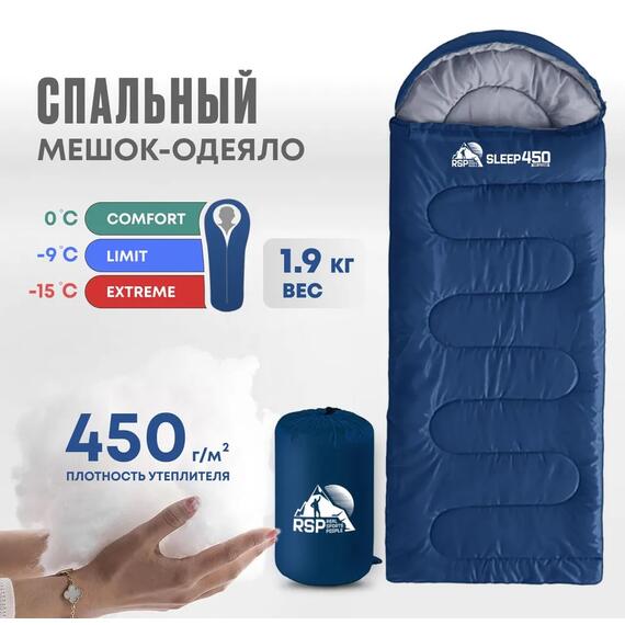 Спальный мешок RSP SLEEP 450 синий, левая молния, фото 