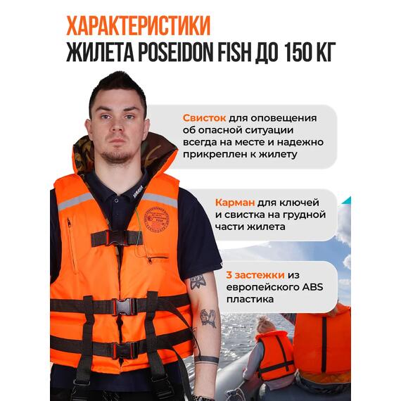 Жилет спасательный двухсторонний Poseidon Fish до 150 кг, фото , изображение 4