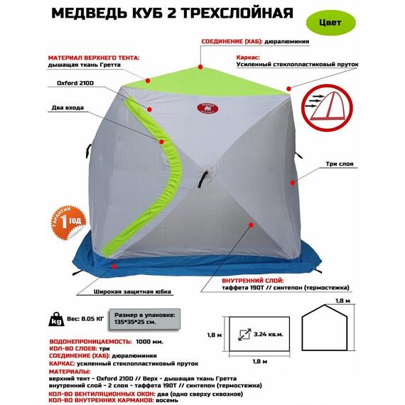 Зимняя палатка КУБ Медведь 2 трехслойная
