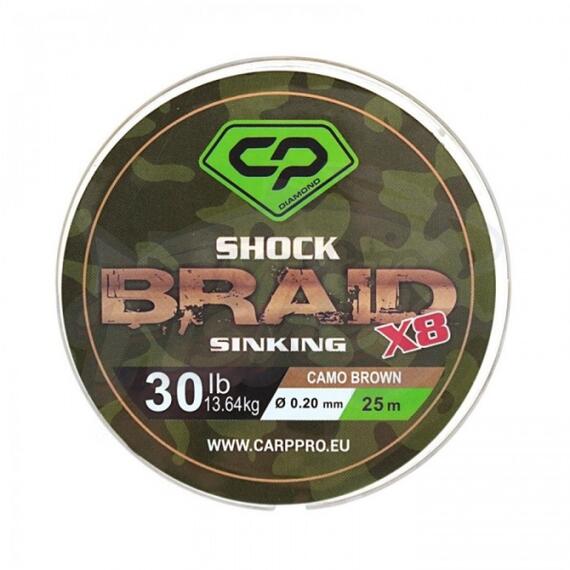 Шок-лидер CARP PRO Diamond Shock Braid PE X8 коричневый 30lb 25м 0,20мм, фото 