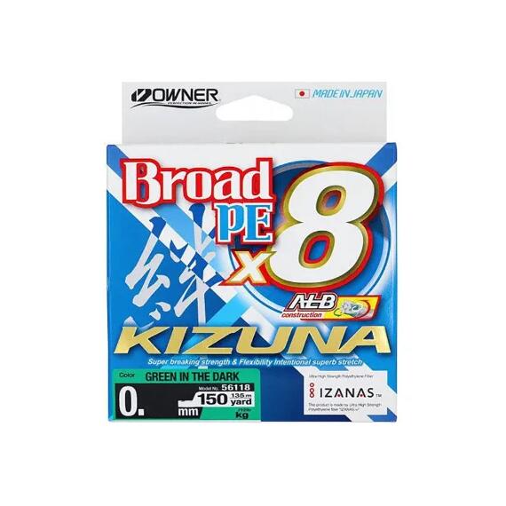 Шнур OWNER Kizuna X8 Broad PE green 135м 0,15мм 8,2кг, Цвет: Green, Диаметр лески: 0,15 мм, Размотка: 135 м, Разрывная нагрузка: 8,2 кг, фото 