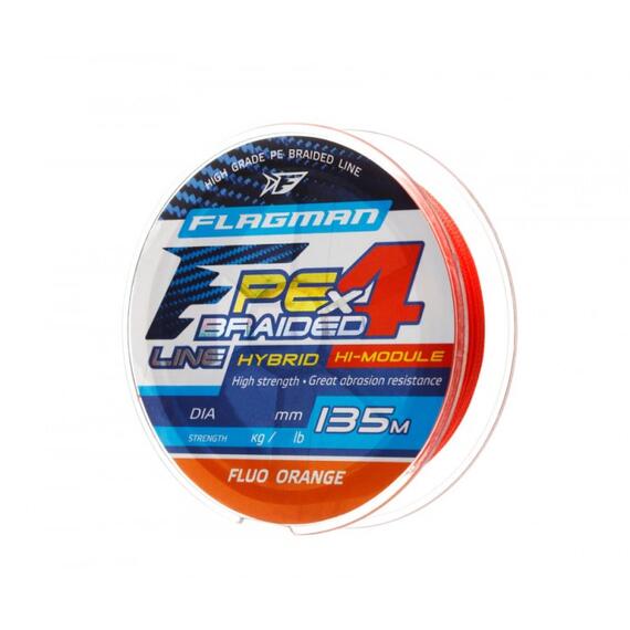 Шнур FLAGMAN PE Hybrid F4 135m FluoOrange 0.10mm. 4.6кг/10lb, Цвет: FluoOrange, Диаметр лески: 0.10 мм, Размотка: 135 м, фото 