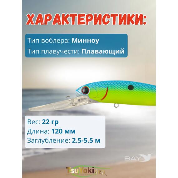 Воблер TsuYoki JASS 120F L614, Цвет: L614, Вес воблера (г): 22, Длина воблера (мм): 120, Тип воблера: Минноу, Тип плавучести : плавающий, Штрихкод: 4627166013239, Количество крючков: 2, фото , изображение 2