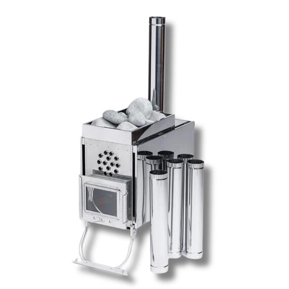 Печь-камин "ИНВЕНТ" средняя со встроенным теплообменником с вентилятором 610х300х470 (нерж.сталь 0,8 мм) со стационарными экранами + короб для камней, фото , изображение 6