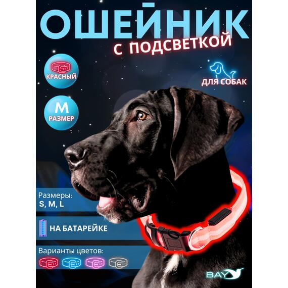 Ошейник с подсветкой для собаки, размер M, красный, фото 