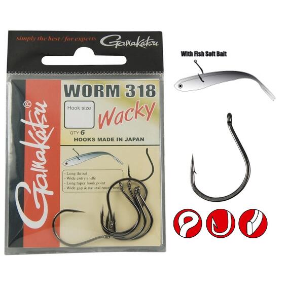 Крючки GAMAKATSU WORM 318 WACKY size 001, 6st, Размер: 1/0, фото 