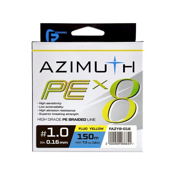 Шнур F-FISHING Azimuth PE X8 150м Fluo Yellow 0,16мм 7,3кг/16lb, Расцветка: Fluo Yellow, Диаметр лески: 0,16 мм, Размотка: 150 м, Разрывная нагрузка: 7,3 кг, фото 