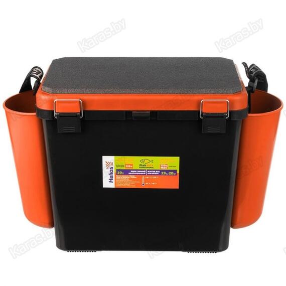 Ящик рыболовный зимний Helios 19 л с карманами односекционный (оранжевый), Цвет: черный/оранжевый, Объем, л: 19 л, Длина, см: с учетом навесных карманов: 50; без навесных карманов: 38., фото , изображение 2