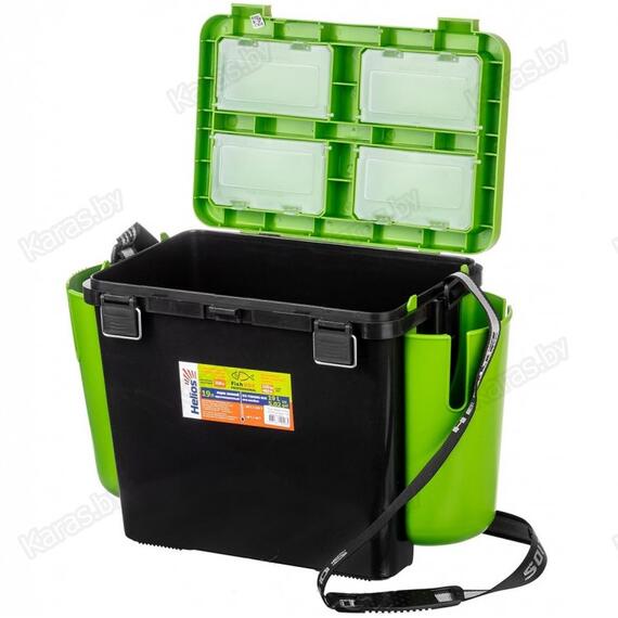 Ящик рыболовный зимний Helios 19 л с карманами односекционный (салатовый), Цвет: черный/салатовый, Объем, л: 19 л, Длина, см: с учетом навесных карманов: 50; без навесных карманов: 38., фото , изображение 5