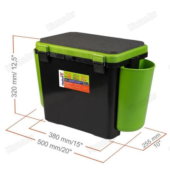 Ящик рыболовный зимний Helios 19 л с карманами односекционный (салатовый), Цвет: черный/салатовый, Объем, л: 19 л, Длина, см: с учетом навесных карманов: 50; без навесных карманов: 38., фото , изображение 3