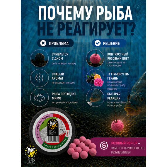 Lion Baits Бойлы плавающие Pop Up "Тутти-Фрутти – Герань" Итальянская серия 10мм, фото , изображение 3