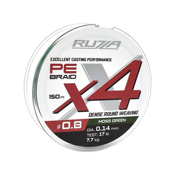 Шнур RUZZA X4 150м Moss Green 0,14мм 7,7кг/17lb, Цвет.: зеленый, Диаметр лески: 0,14 мм, Размотка: 150 м, фото 