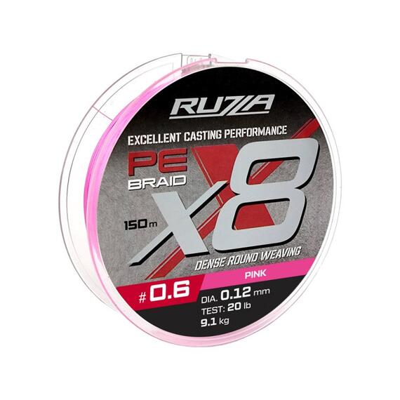 Шнур RUZZA X8 150м Pink 0,12мм 9,1кг/20lb, Цвет.: розовый, Диаметр лески: 0,12 мм, Размотка: 150 м, фото 