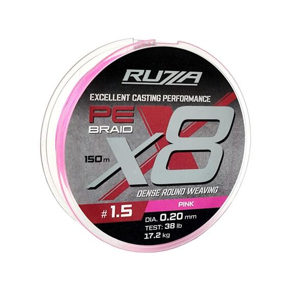 Шнур RUZZA X8 150м Pink 0,20мм 17,2кг/38lb, Цвет.: розовый, Диаметр лески: 0,20 мм, Размотка: 150 м, фото 