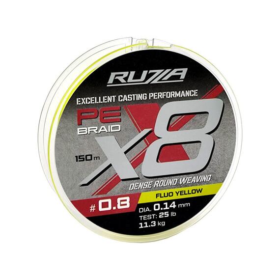 Шнур RUZZA X8 150м Fluo Yellow 0,14мм 11,3кг/25lb, Цвет.: желтый, Диаметр лески: 0,14 мм, Размотка: 150 м, фото 