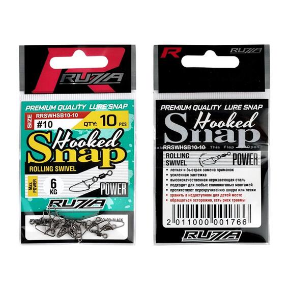 Застежка с вертлюгом RUZZA Rolling Swivel w/Hooked Snap Black №10 , фото , изображение 3