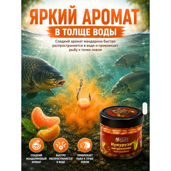 Lion baits Кукуруза натуральная в стеклянной банке "Мандарин" 110мл, фото , изображение 4