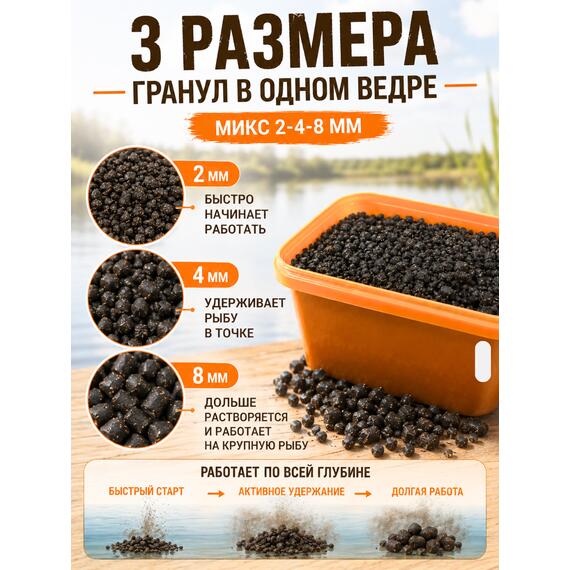 Lion Baits Пеллетс карповый "Лосось темный" (микс 2-4-8мм) - 2кг (прямоугольное ведро), Вкус для группировки: Лосось темный, Вес, гр: 2000, фото , изображение 4