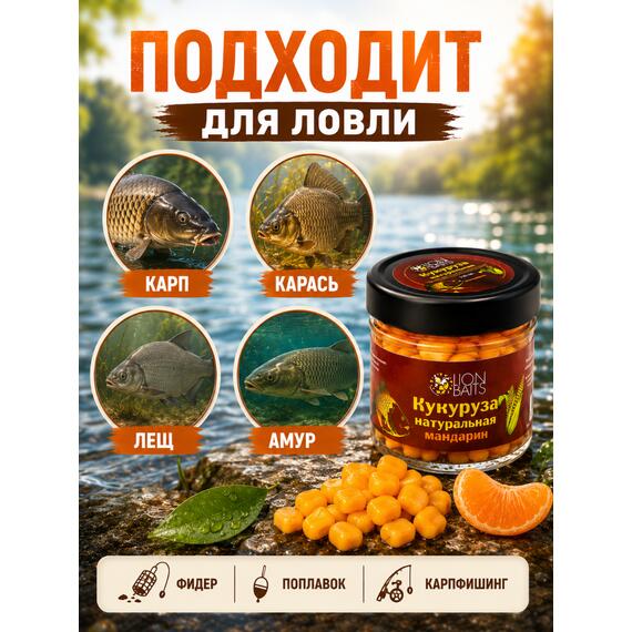 Lion baits Кукуруза натуральная в стеклянной банке "Мандарин" 110мл, фото , изображение 5