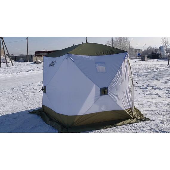 Палатка зимняя куб СЛЕДОПЫТ Premium 1.8x1.8 м, 3-х местная, 3 слоя, цв. белый/олива