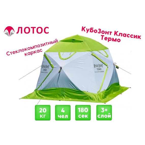 Утепленная зимняя палатка Лотос КубоЗонт 4 Классик Термо (Салатовый) 2022, фото , изображение 2