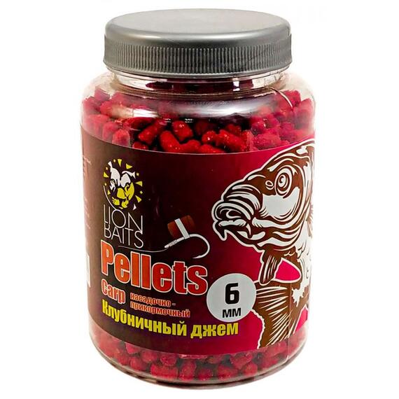 Lion Baits Пеллетс карповый Carp pellets Клубничный джем 6 мм - 300 гр, Вкус: клубничный джем, Вид рыбы: карп, сазан, амур, Диаметр (мм): 6 мм, фото 