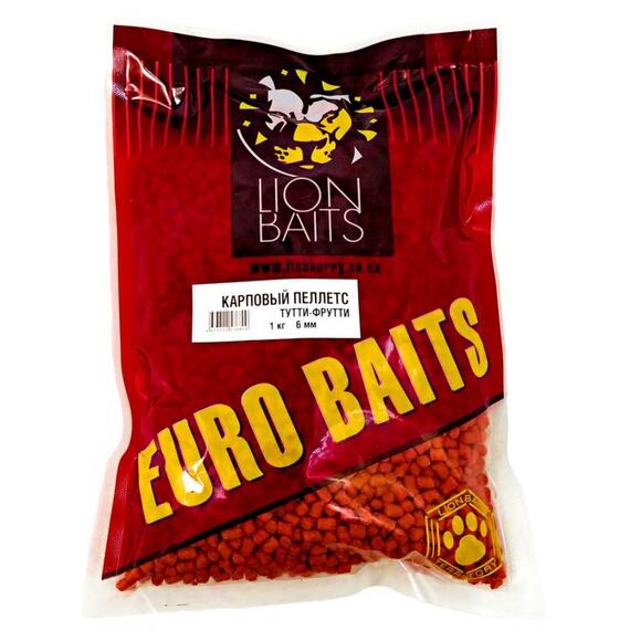 Lion Baits Пеллетс карповый Carp pellets Тутти-Фрутти оранжевый 6 мм - 1кг, Вкус: Тутти-фрутти, Вид рыбы: карп, сазан, амур, Диаметр (мм): 6 мм, фото 