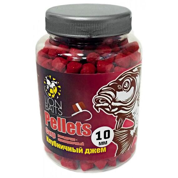 Lion Baits Пеллетс карповый Carp pellets Клубничный джем 10 мм - 300 гр, Вкус: клубничный джем, Вид рыбы: карп, сазан, амур, Диаметр (мм): 10 мм, фото 