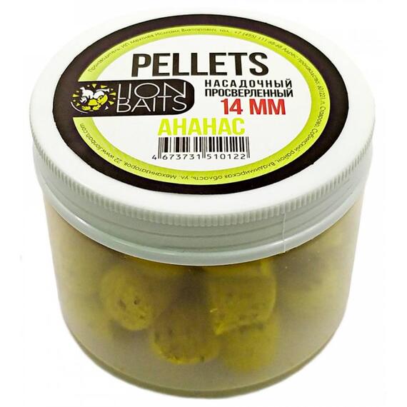 Lion Baits Пеллетс насадочный просверленный Ананас 14 мм - 100 г, Вкус: ананас, Диаметр (мм): 14, фото 